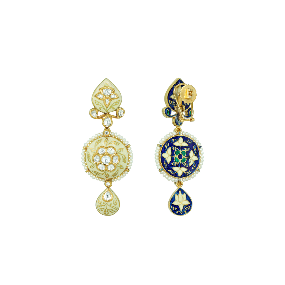 Ivory-Mint Enamel Earrings with Polkis and Pearls